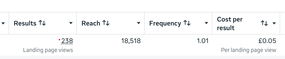 Facebook Ads: 238 landing-page views, reach 18,518, frequency 1.01 and £0.05 per landing-page view.